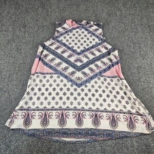 Pink Rose Womens Large Paisley Boho Mock Neck Sleeveless Blouse Pink Blue White